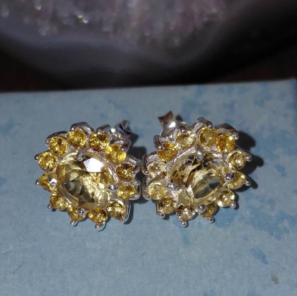 Citrine Flower Silver Stud Earrings - Picture 8 of 10